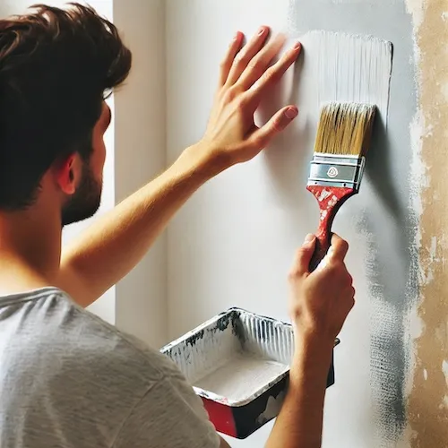 A person painting a patched area on a wall, using a paintbrush to apply primer evenly.